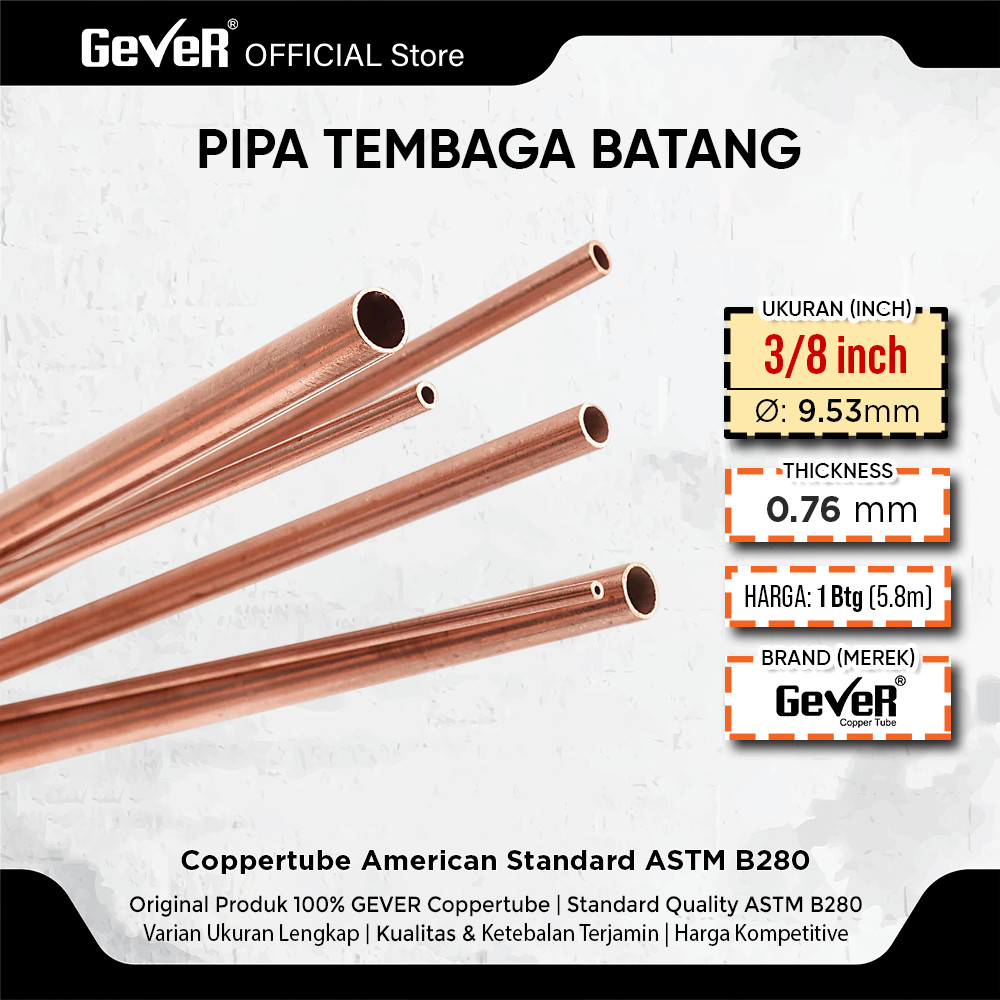 Jual PIPA TEMBAGA 3/8 INCH x 0.76mm ASTM B280 BATANG / GEVER COPPER ...