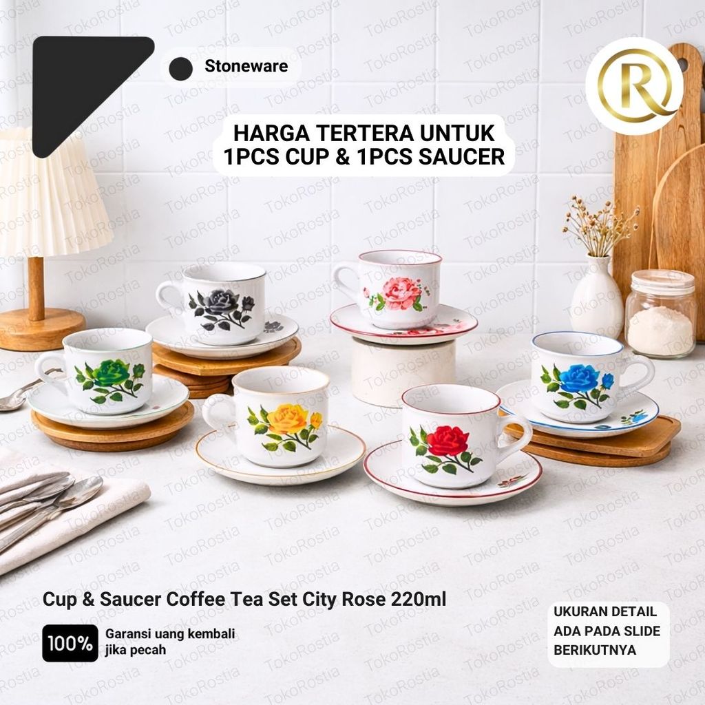 Cup & Saucer Coffee Tea Set City Rose 220ml Stoneware Keramik