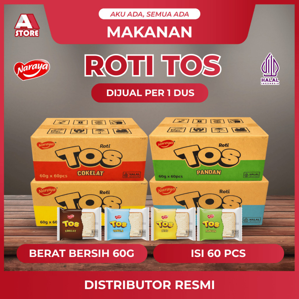 Jual NARAYA TOS 60gr Roti 1 Dus Isi 60 Pcs Lembut Isi Coklat / Keju ...