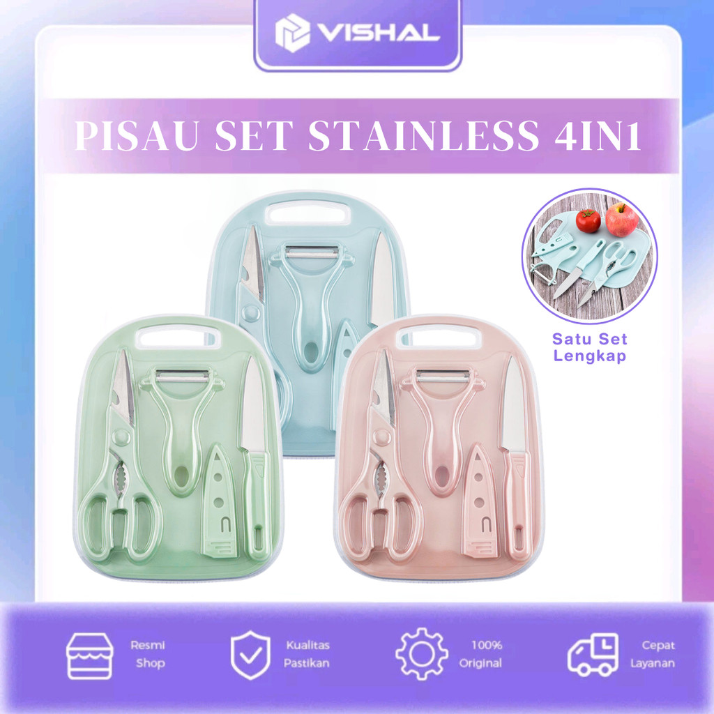 VISHAL Set Pisau Keramik 4 Pcs dan Talenan Kitchen Knife Set Anti Karat Super Tajam Pisau Buah Sayur