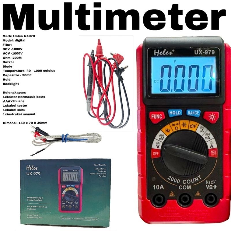 Jual Multitester Heles UX979 Multimeter Digital NCV Tester 2000 Count ...