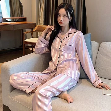 Set Piyama Lengan Panjang Wanita Satin Bergaris Premium