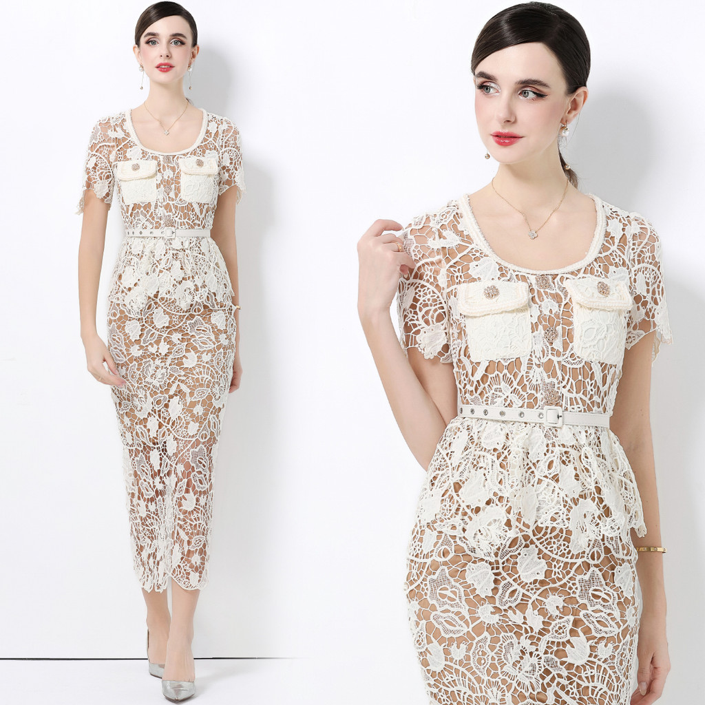 Jual 20261v Gaun renda lengan pendek, gaun renda leher persegi elegan ...