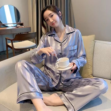 Set Piyama Lengan Panjang Wanita Satin Bergaris Premium