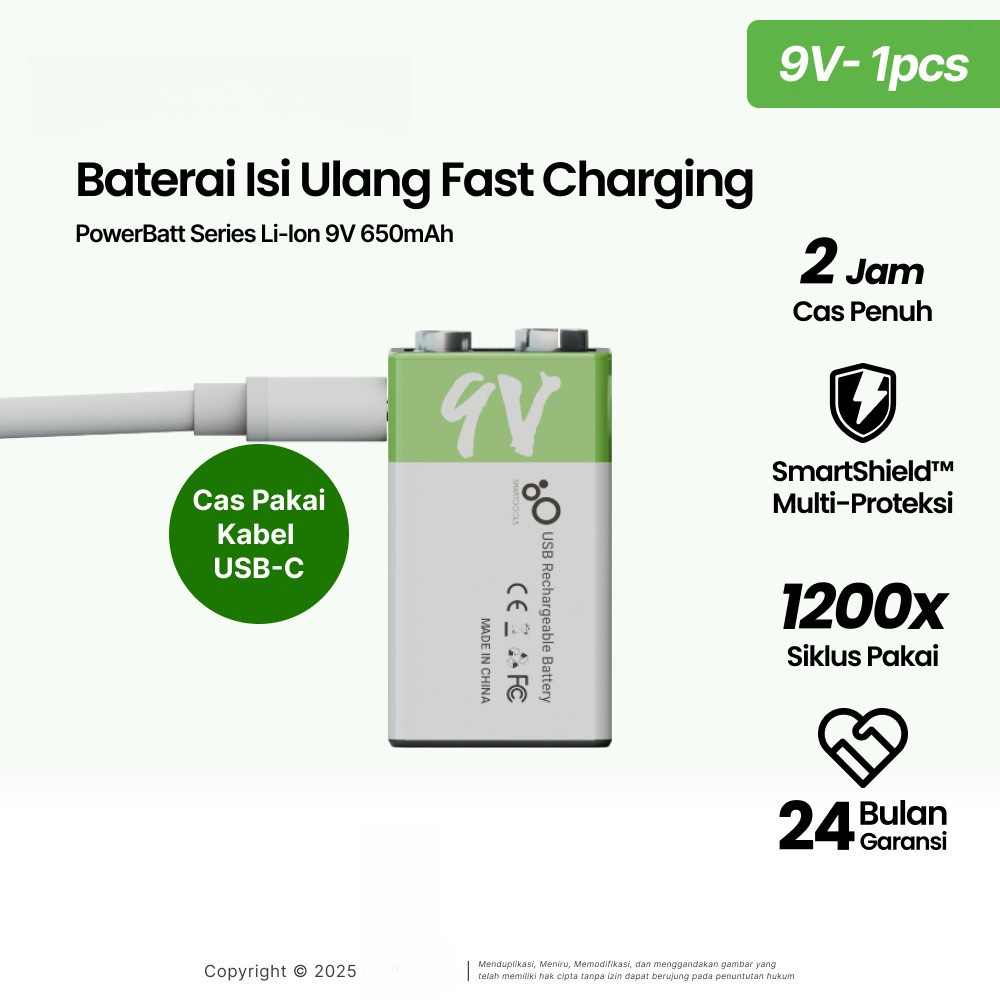 Jual Baterai Cas Isi Ulang Smartoools PowerBatt 9V Type-C USB ...