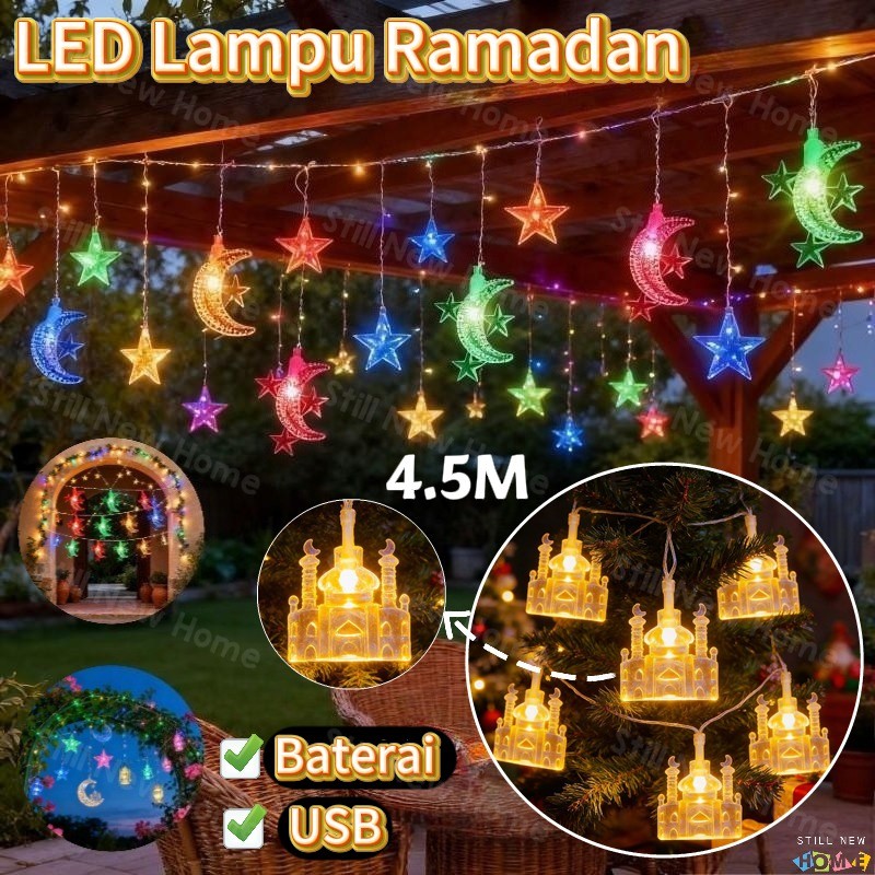 10M Lampu Hias Idul Fitri Eid Mubarak Dekorasi Lampu Hias Ruang Tamu Lampu Kastil Bintang Ramadan Lampu LED Gantung  Baterai/Solar/USB