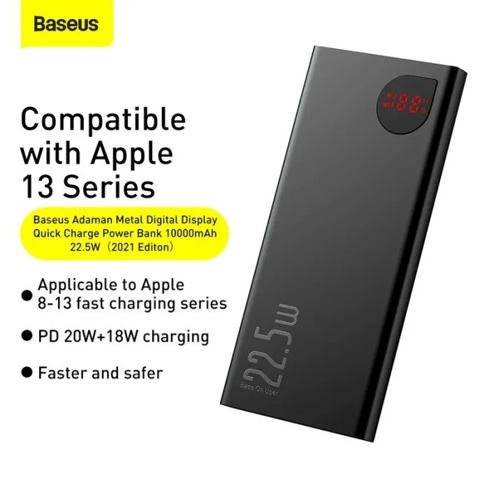 Baseus Powerbank Adaman 22.5W 10000 mAh Metal Digital Display Free Cable USB to Type-c 3A