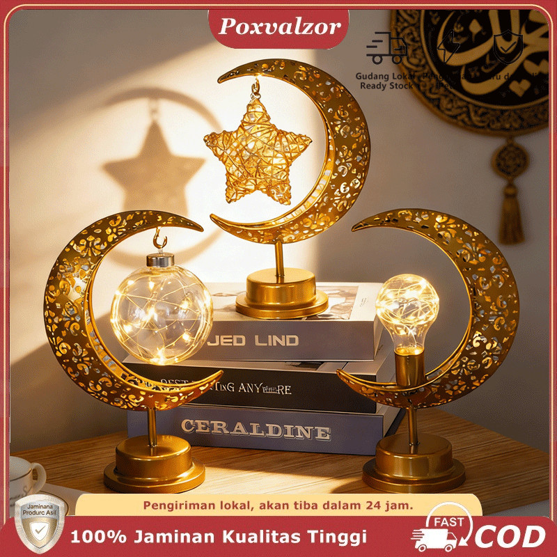 Poxvalzor Lampu Bulan LED Idul Fitri Bintang Dan Bulan Lampu Malam LED Hiasan Ramadhan Dekorasi Kado Souvenir