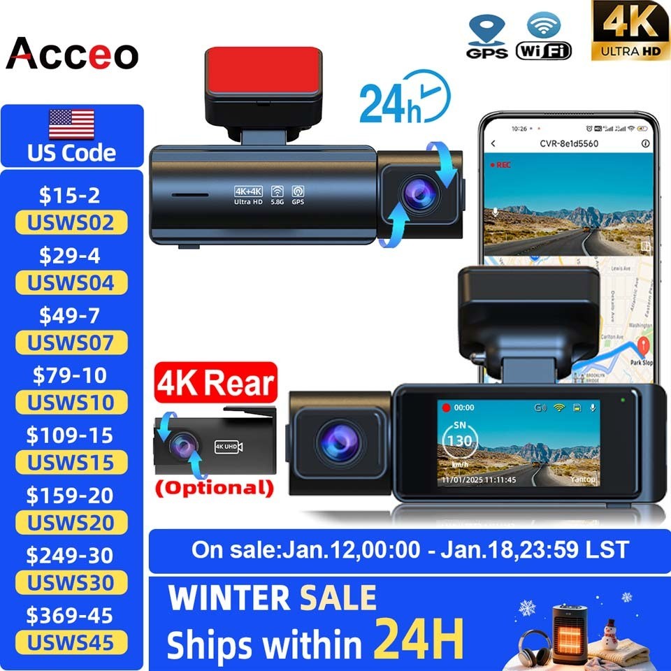 Jual Acceo 4K Car Dash Cam Built-in WiFi and GPS Support 4K Rear Camera ...