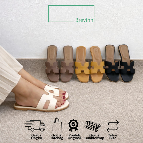Brevinni Eble 3 Sandal Flat Kulit Jeruk Selop Wanita…
