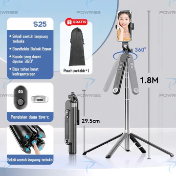 POWRISE S25 Selfie Stick Bluetooth Tongsis Tripod 180cm With Remote Portabel Tripod Dengan 1 4