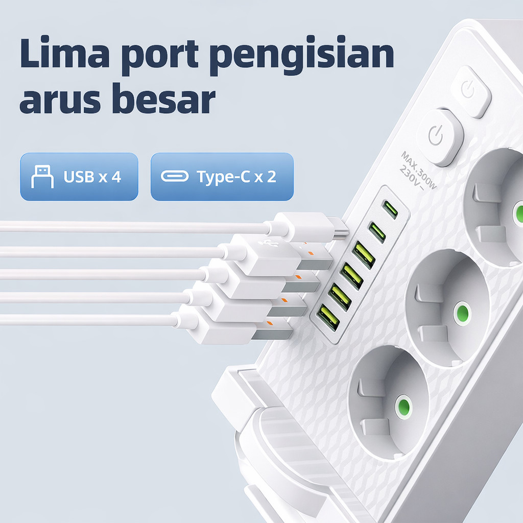 Jual 2500W Charger USB + (4 USB + 1 Type-C) + 3/6/8 Colokan Stop Kontak ...