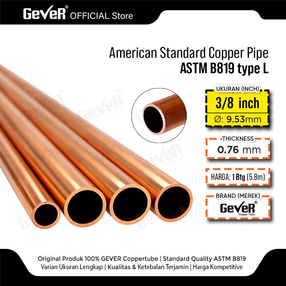 Jual PIPA TEMBAGA 3/8 INCH x 0.76mm ASTM B819 type L GEVER COPPER TUBE ...