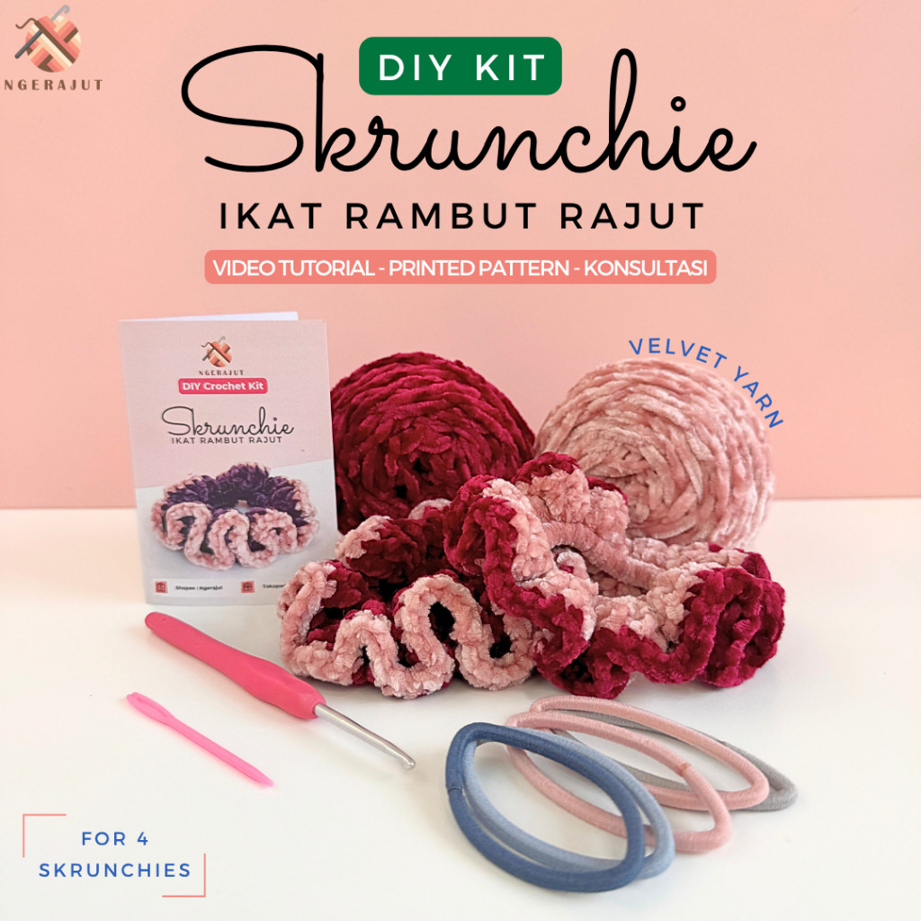 Jual DIY Crochet Kit Skrunchie Ikat Rambut - Paket Alat Rajut Set ...