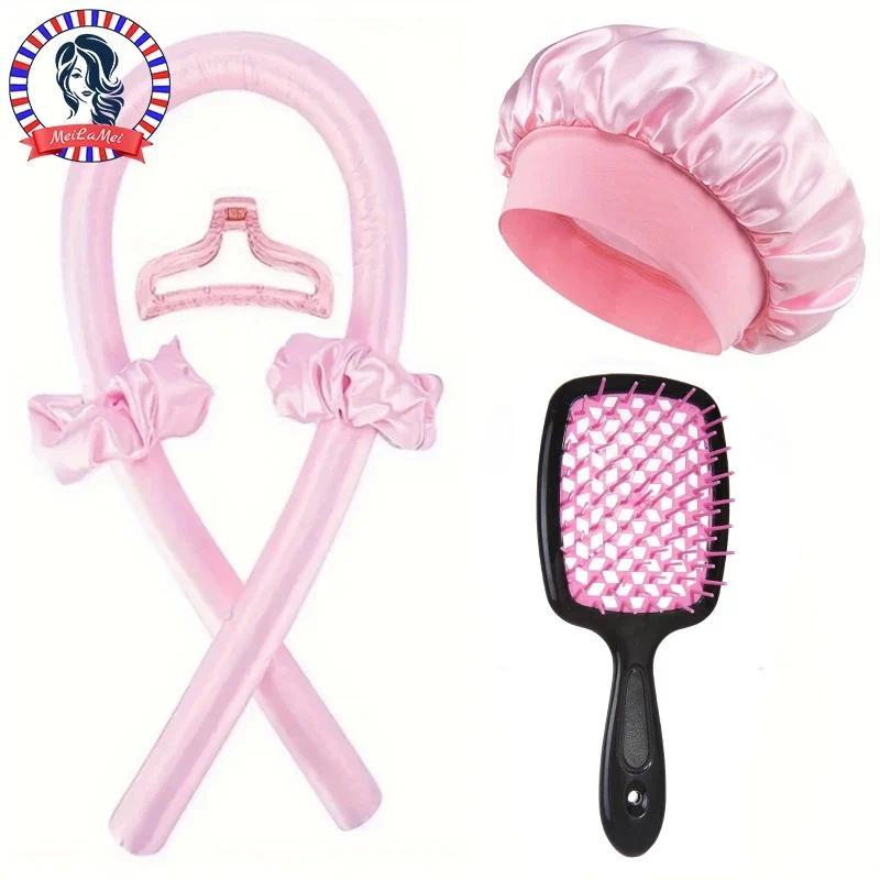Jual Hair Styling Tool Set - Pink Satin Heatless Curling Rods + Shower ...