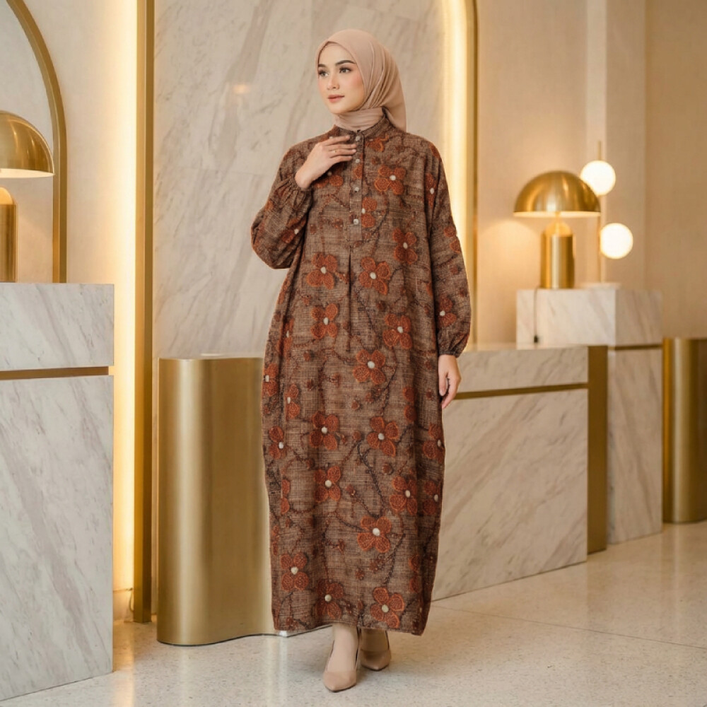 Gamis Muslim Wanita Kerah Mandarin Kancing Depan Motif Bunga Merah Lengan Balon Panjang Model Longgar Maxi Bahan Katun Tipis | Original By fadfad.id | Dress Elegan Warna Coklat Earth Tone Premium Nyaman Anti Gerah | Outfit Serbaguna Cocok Acara Resmi & Sa