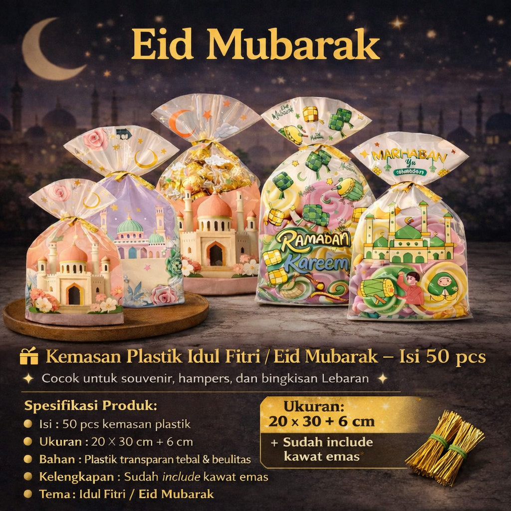 50pcs Plastik OPP Standing Idul Fitri Lebaran Ukuran 20×30+6cm Kualitas Premium Include Kawat Emas