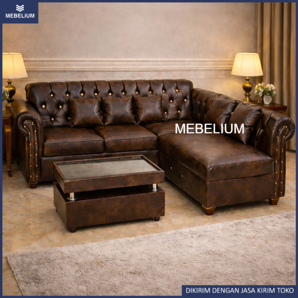 Sofa L Minimalis Ruang Tamu Elegan | Sofa Sudut Kulit Sintetis Empuk + Bantal | Sofa Tamu Modern Mewah