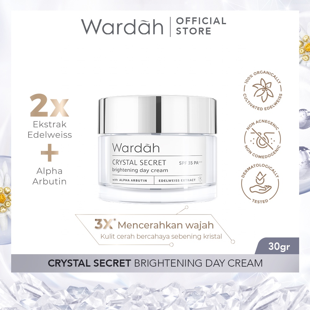 Wardah Crystal Secret Brightening Day Cream - Krim Siang dengan Ekstrak Edelweiss dan Niacinamide - Mencerahkan dan Menyamarkan Flek Hitam - Untuk Semua Jenis Kulit - SPF 35 PA+++ -