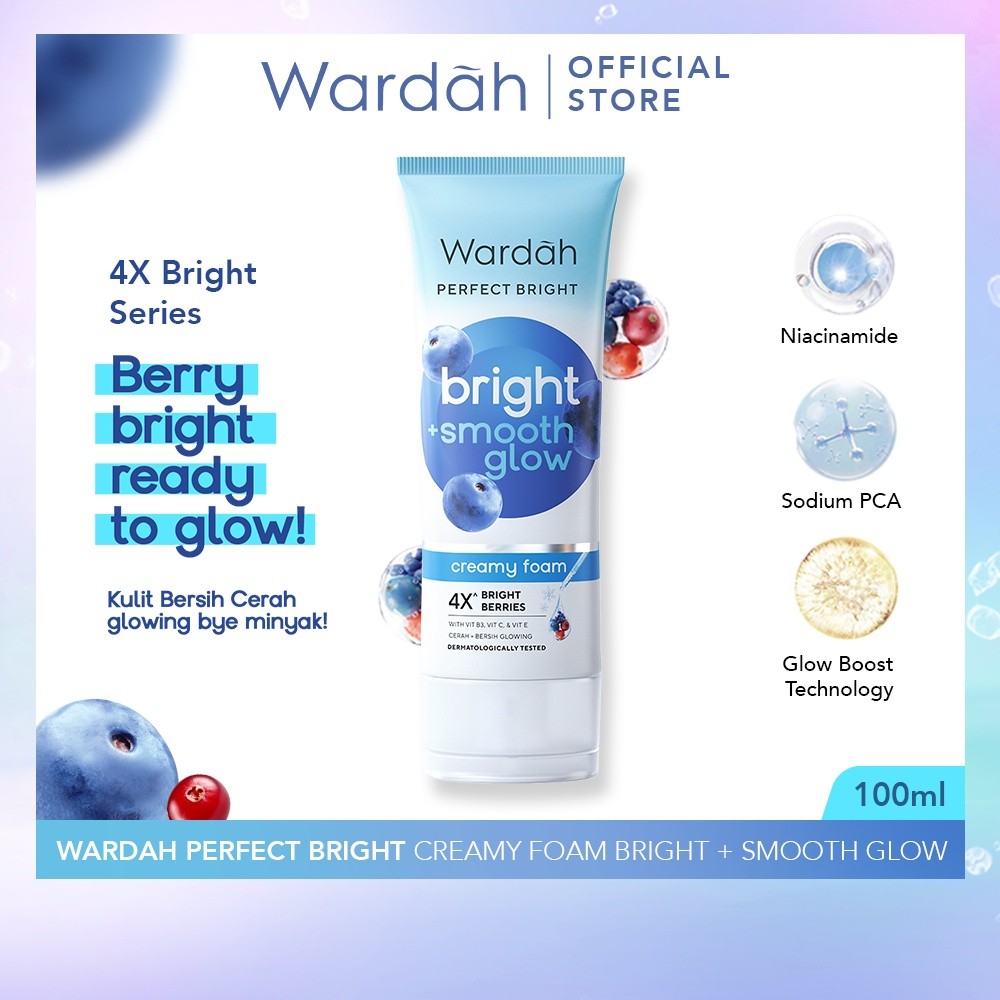 Wardah Perfect Bright Creamy Foam Brightening + Smooth Glowing - Facial Wash untuk Semua Jenis Kulit Terutama Kulit Kering - Membersihkan dengan Lembut - Cerah, Sehat, Glowing, Lebih Kenyal, & Halus