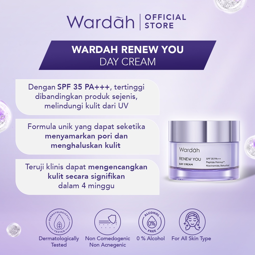 Wardah Renew You Anti Aging Day Cream - Pelembab Anti Aging dengan SPF 30 PA+++, Krim Pagi dengan Peptide dan Bakuchiol - Menjaga Keremajaan Kulit
