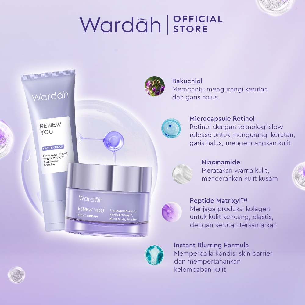 Wardah Renew You Anti Aging Night Cream - Pelembab Anti Aging dengan Vitamin E - Krim Malam Untuk Mencerahkan dan Kulit Kencang - Semua Jenis Kulit