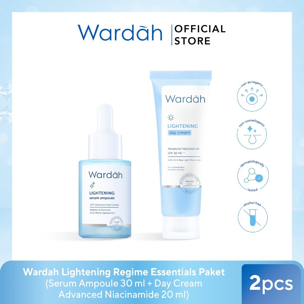 Wardah Lightening Regime Essentials Paket (Serum Ampoule 30 ml + Day Cream Advanced Niacinamide 20 mL)