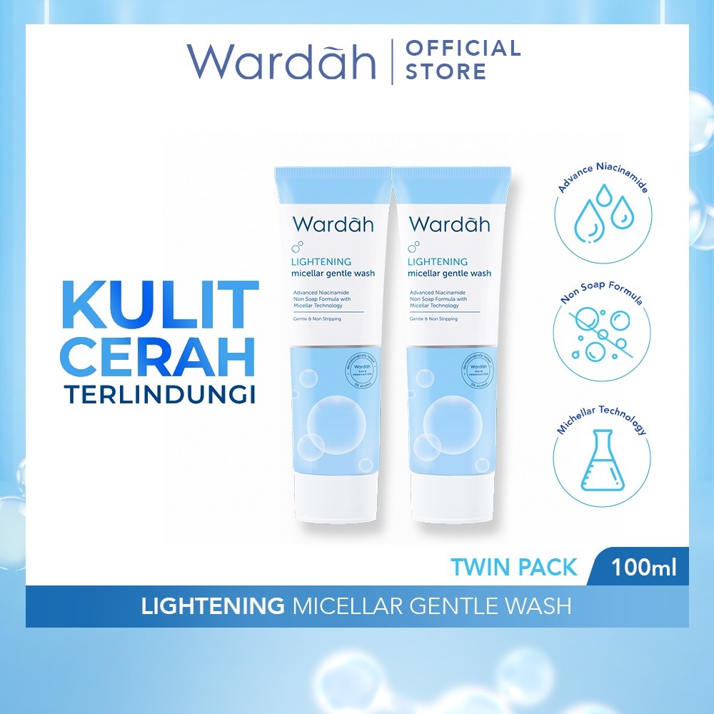 Wardah Lightening Micellar Gentle Wash 100 ml Twinpack - Facial Wash dengan Advanced Niacinamide - Sabun Cuci Muka Untuk Mencerahkan -  Cocok untuk Kulit Normal Cenderung Kering