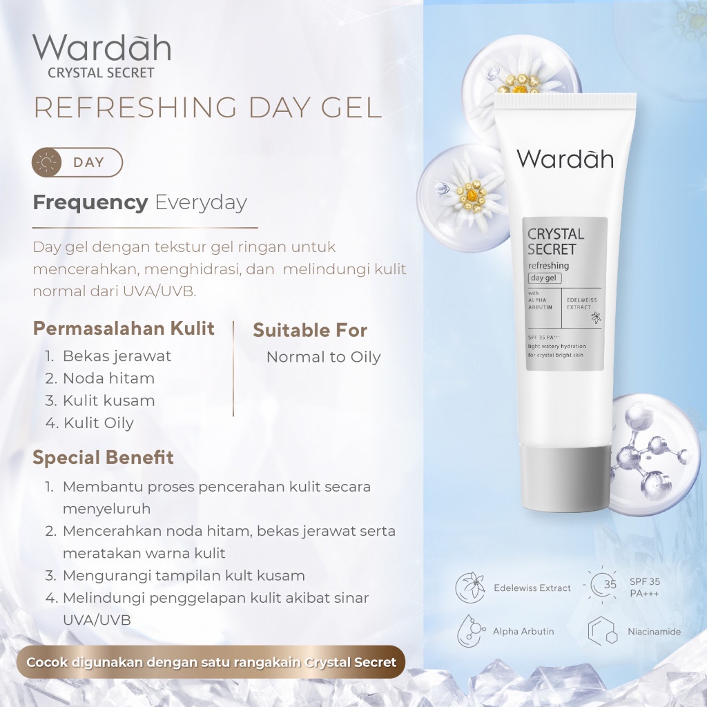 Wardah Crystal Secret Refreshing Day Gel - Krim Pagi dengan Extract Edelweiss - Pelembab Mencerahkan dan Menyamarkan Flek Hitam - Untuk Kulit Berminyak