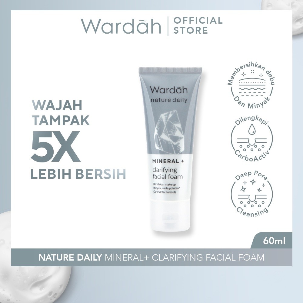 Wardah Nature Daily Mineral+ Clarifying Facial Foam - Facial Wash Untuk Membersihkan Debu dan Minyak - Dilengkapi CarboActiv - Mengurangi Pertumbuhan Jerawat