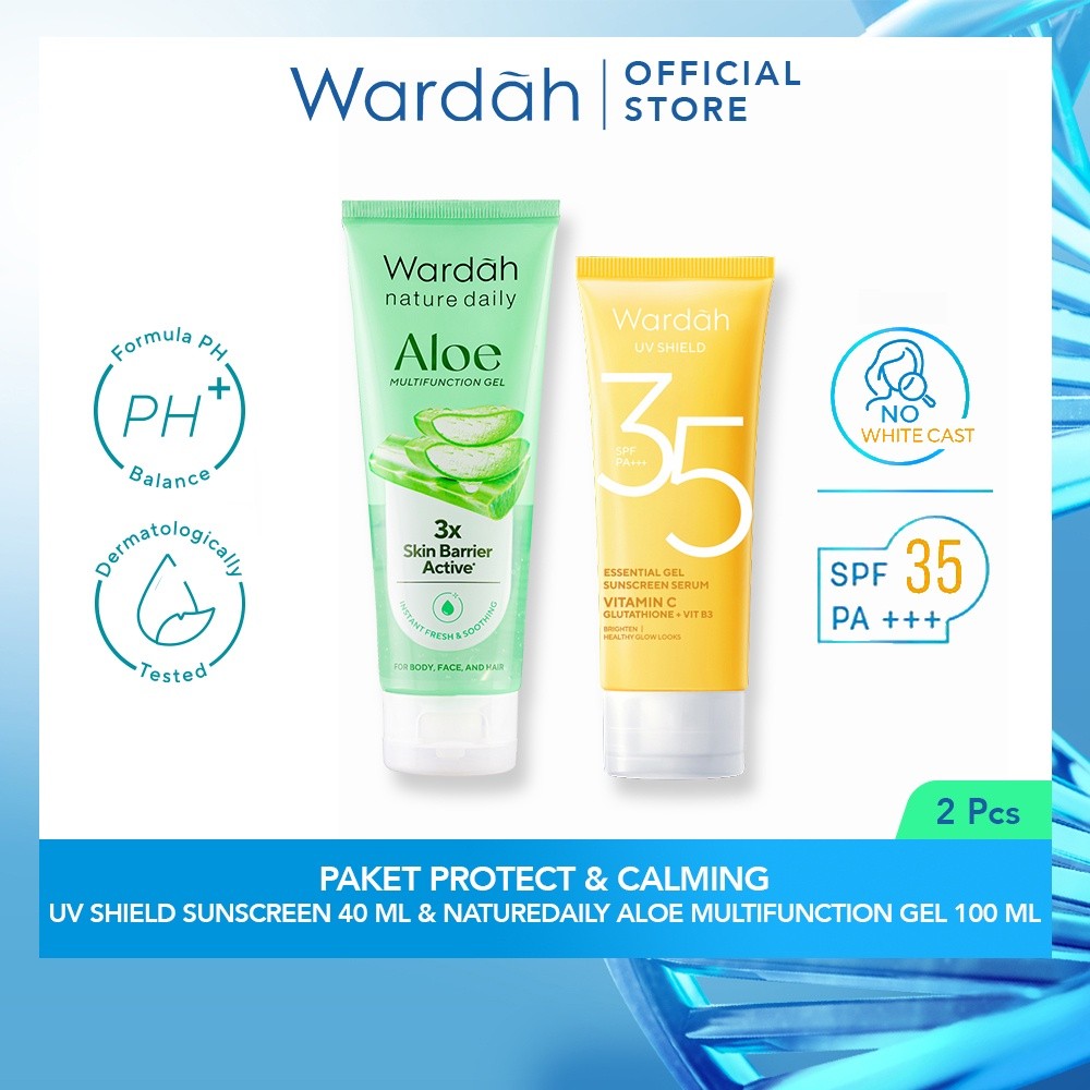 Wardah Paket Protect & Calming UV Shield Sunscreen x Nature Daily Aloe Multifunction Gel - Melindungi dan Melembabkan Kulit