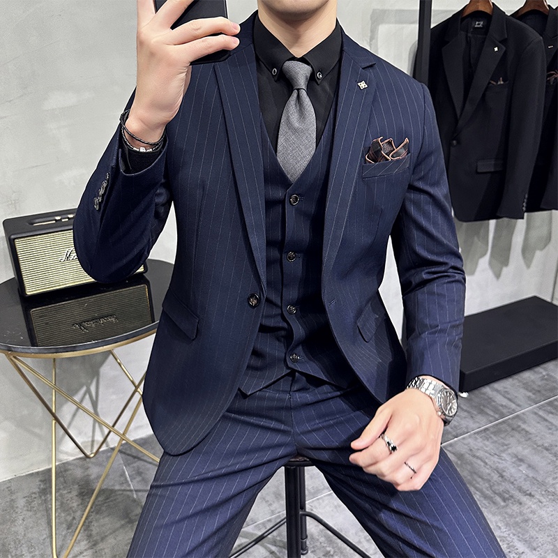 Jas wedding pria Saretera Suit Set Men's Striped Business Dress Groom  Wedding Dress Trend Korean Version Casual Suit