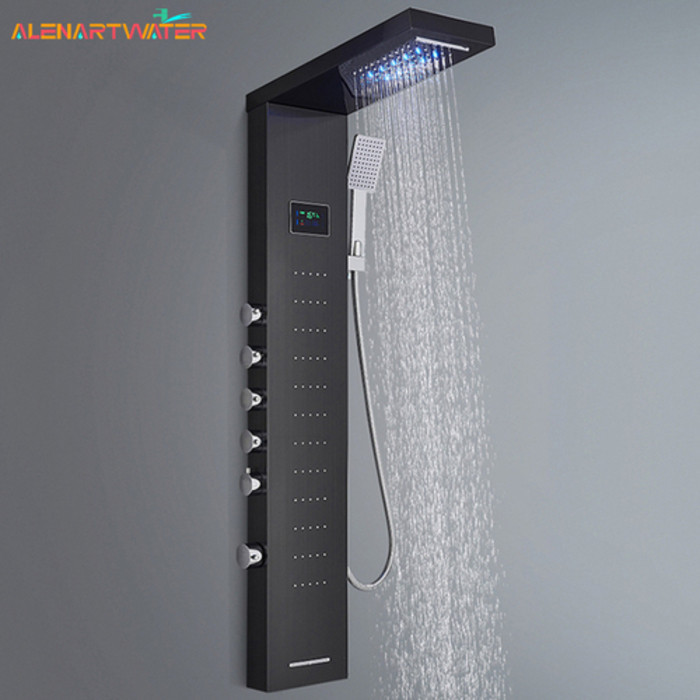 Uargd Stainless Steel Shower Panel System – 5-in-1 With Rainfall, 8 Massage Jets, Tub Spout, Handheld Head, Digital Display, Wall-Mounted