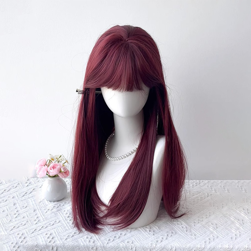 Jual Wig Merah raspberry Rambut palsu wanita full kepala Wig korean ...