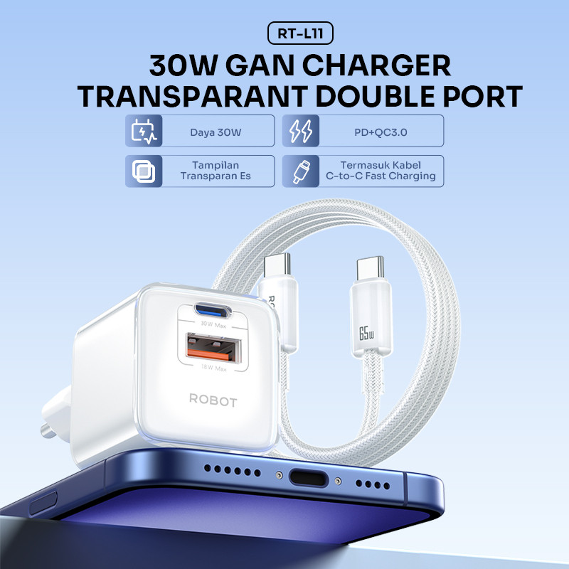 Jual ROBOT Charger Fast Charging 30W PD30 QC30 GaN Transparan Mini Dual ...
