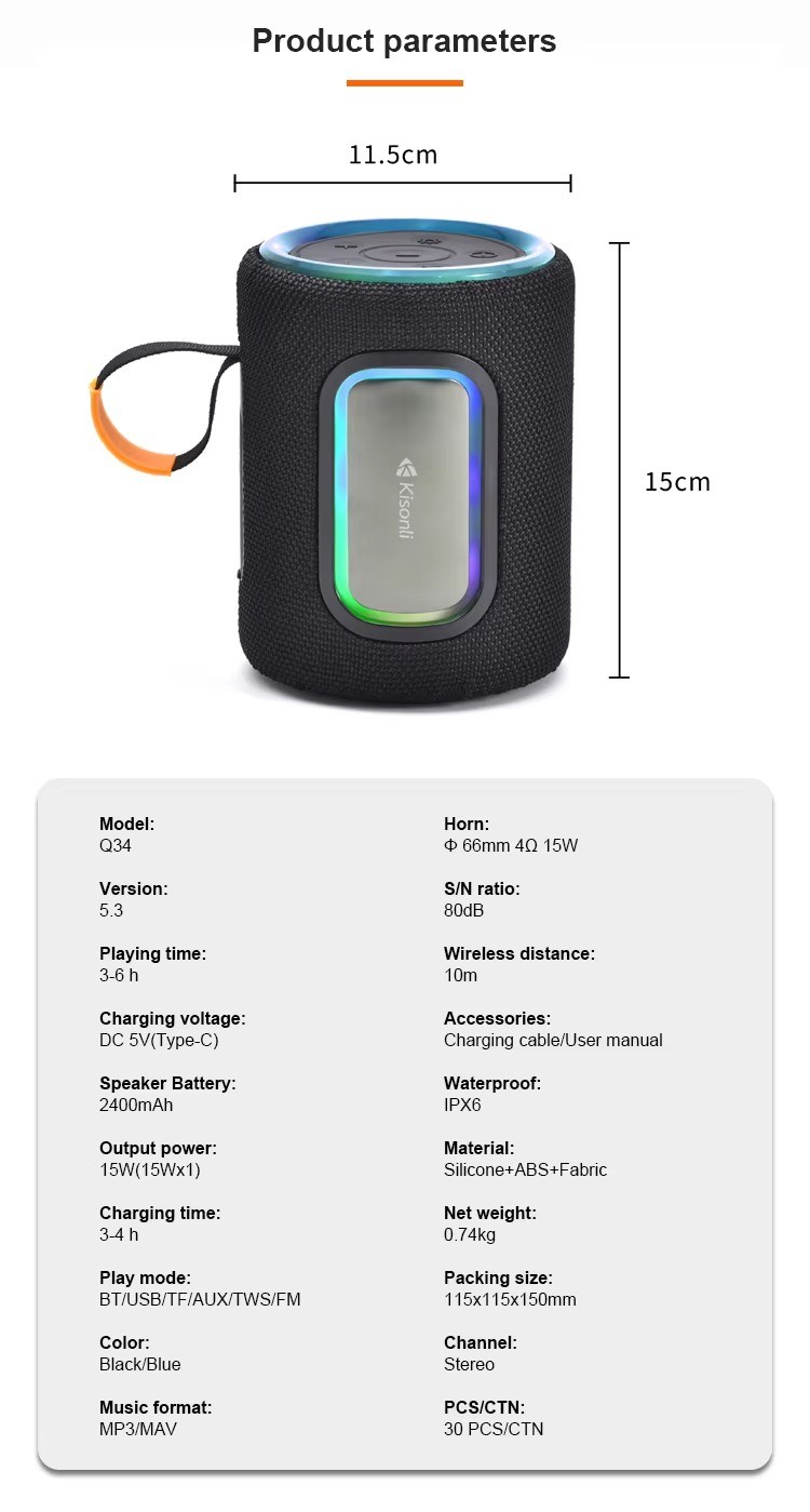 Jual Kisonli Q34 Speaker Bluetooth 5.3 Super Bass TWS RGB IPX6 ...