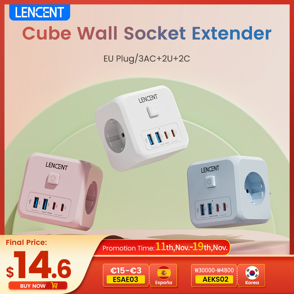 Jual LENCENT EU Plug Cube Wall Socket Extender with 3AC+2USB+2Type C 5V ...