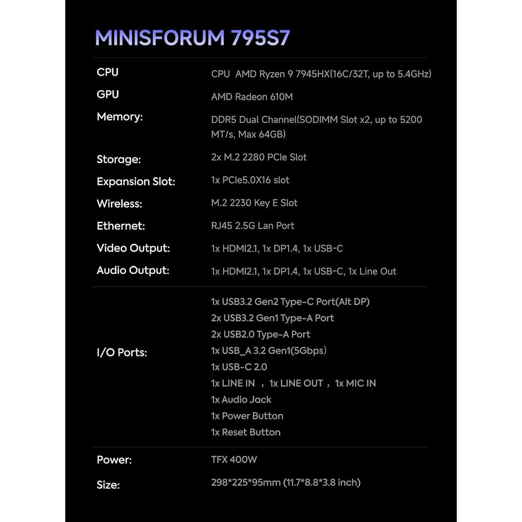 Jual Minisforum 795S7 Mini Tower: AMD Ryzen 9 7945HX, Dual DDR5/PCIe 4. ...