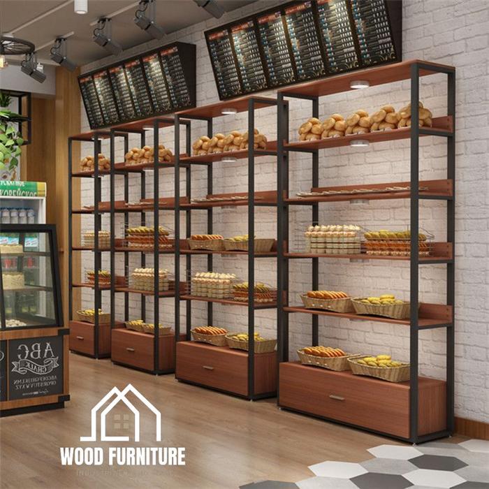Jual rak display toko kayu / rak display roti supermarket kaki besi rak ...