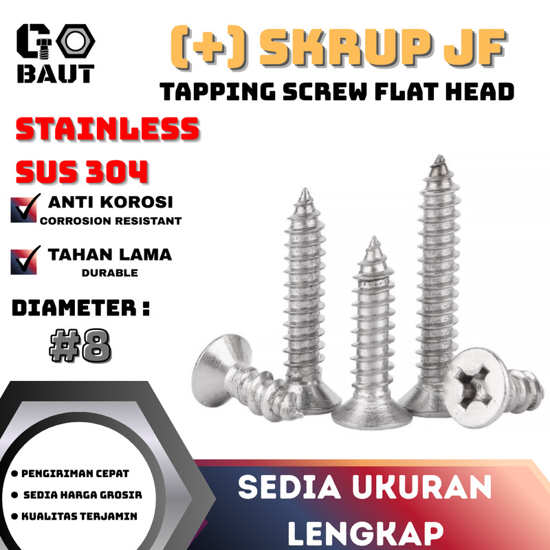 Jual SUS 304 Phillips Tapping Screw Flat Head / Skrup JF (Stainless SS ...