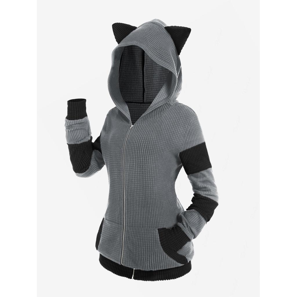 Jual ROSEGAL Plus Size Women Cat Ear Ribbed Hooded Blouson Jacket - Main Image