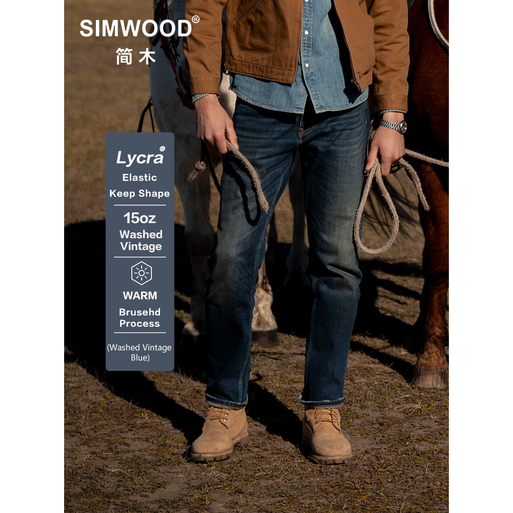 Jual SIMWOOD 2025 Spring New 15oz Elastic Brushed Liner Fabric Jeans ...