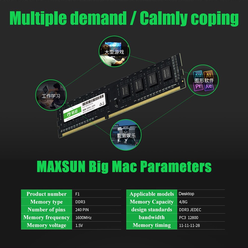 Jual MAXSUN Internal Storage Ram DDR3 4GB 8GB 1600MHz Computer Memory ...