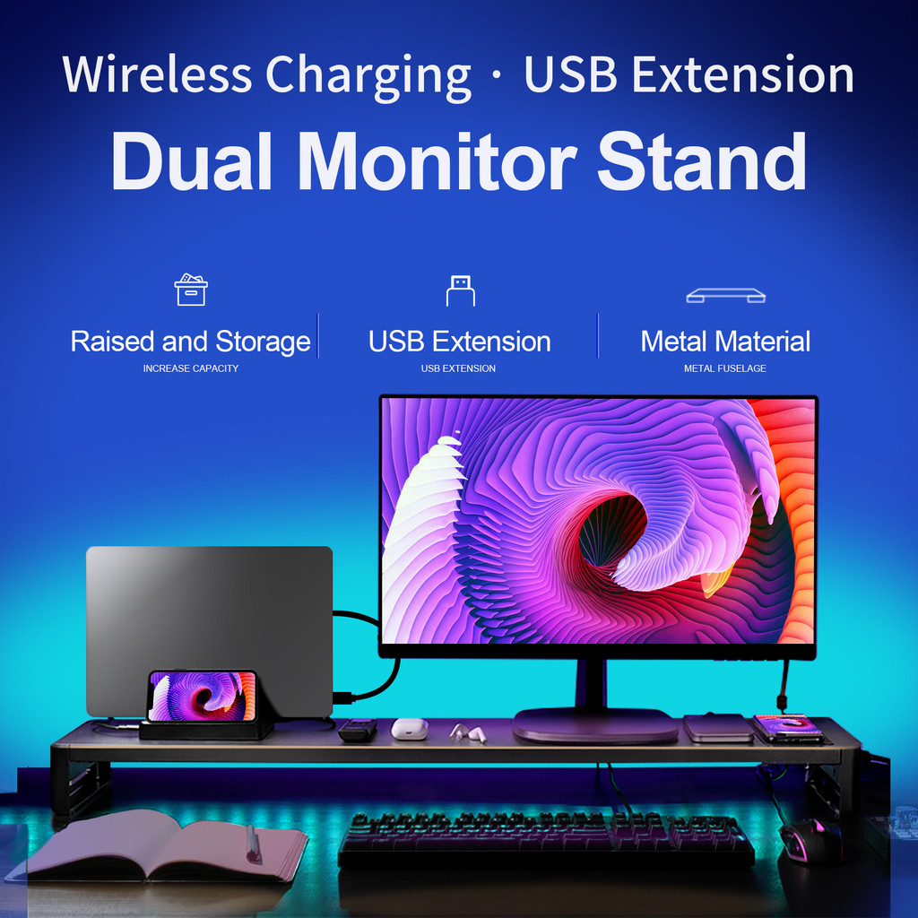 Jual Dual Monitor Stand Holder Metal Riser With Wireless Charging Usb ...