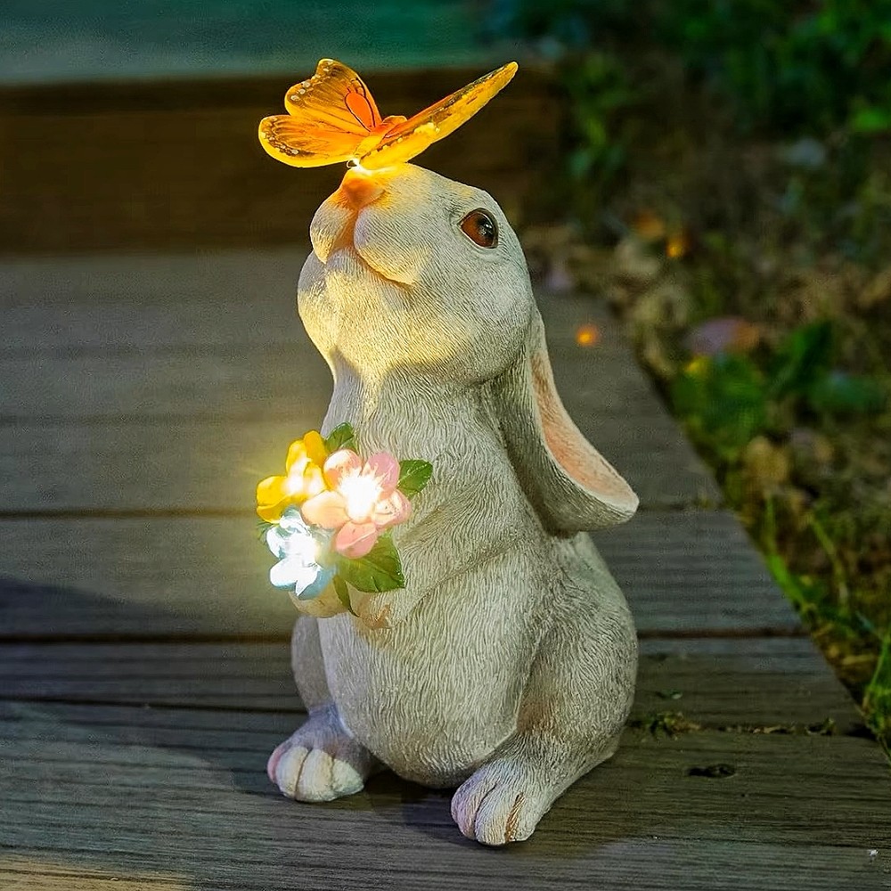 Jual Solar Bunny Statue Garden Decor with Butterfly LED Light Resin ...