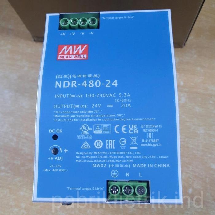 Jual Power supply DIN rail NDR 480 24 MEANWELL original 24VDC 20A ...