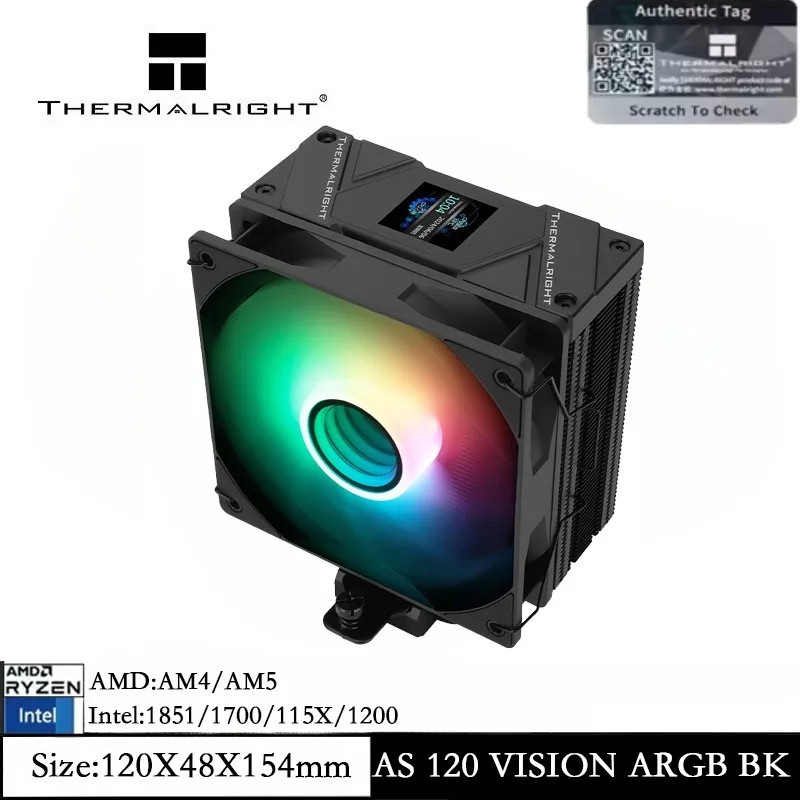 Thermalright Assassin Spirit 120 Vision ARGB Black CPU-koeler, computerkoeler, 4 heatpipes, pc-scherm, CPU-koeling met 1,54 inch, 240 x 240 resolutievermogen, voor AM4/AM5 en LGA1700/1851