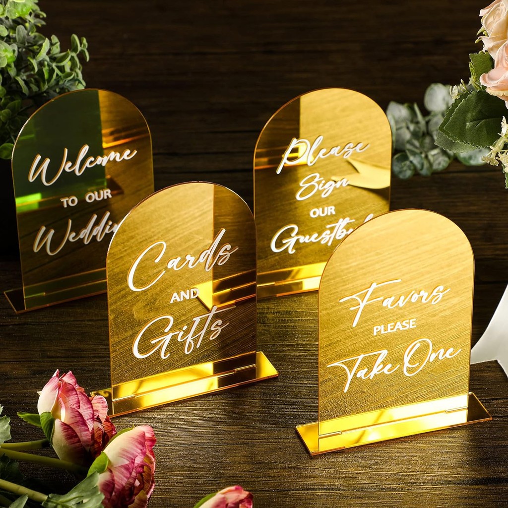 Jual Set of 4 Wedding Signs,Gold Mirror Acrylic Signage,Guest Book Sign ...