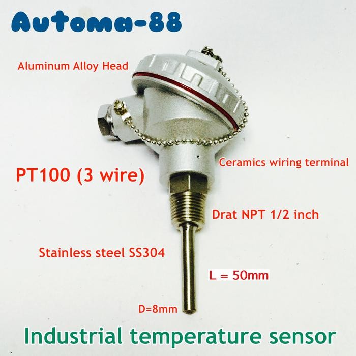Jual INDUSTRIAL RTD PT-100 TEMPERATURE SENSOR 5CM THREAD 1/2 INCH NPT ...