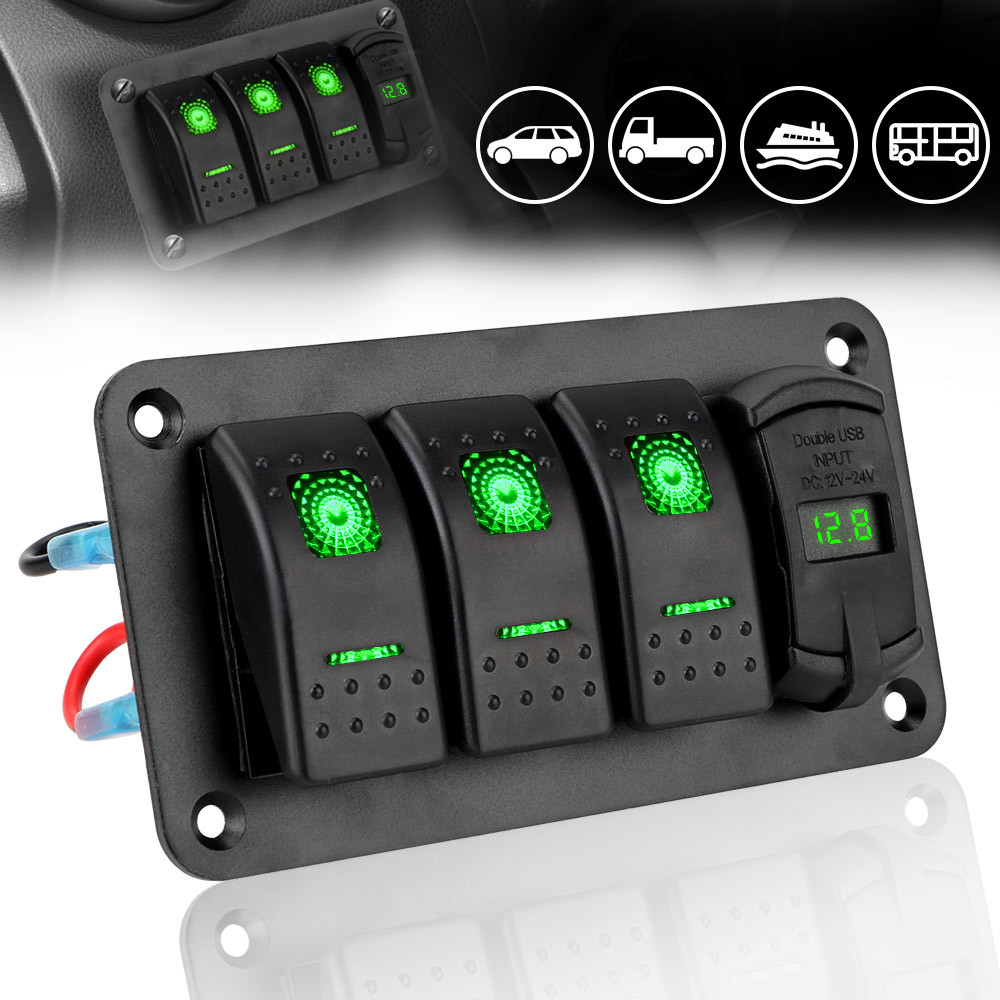 Pannello Interruttori 4 Gang Impermeabile Per Barca – USB Doppia, Voltmetro E Accendisigari (Luce Blu) - 2